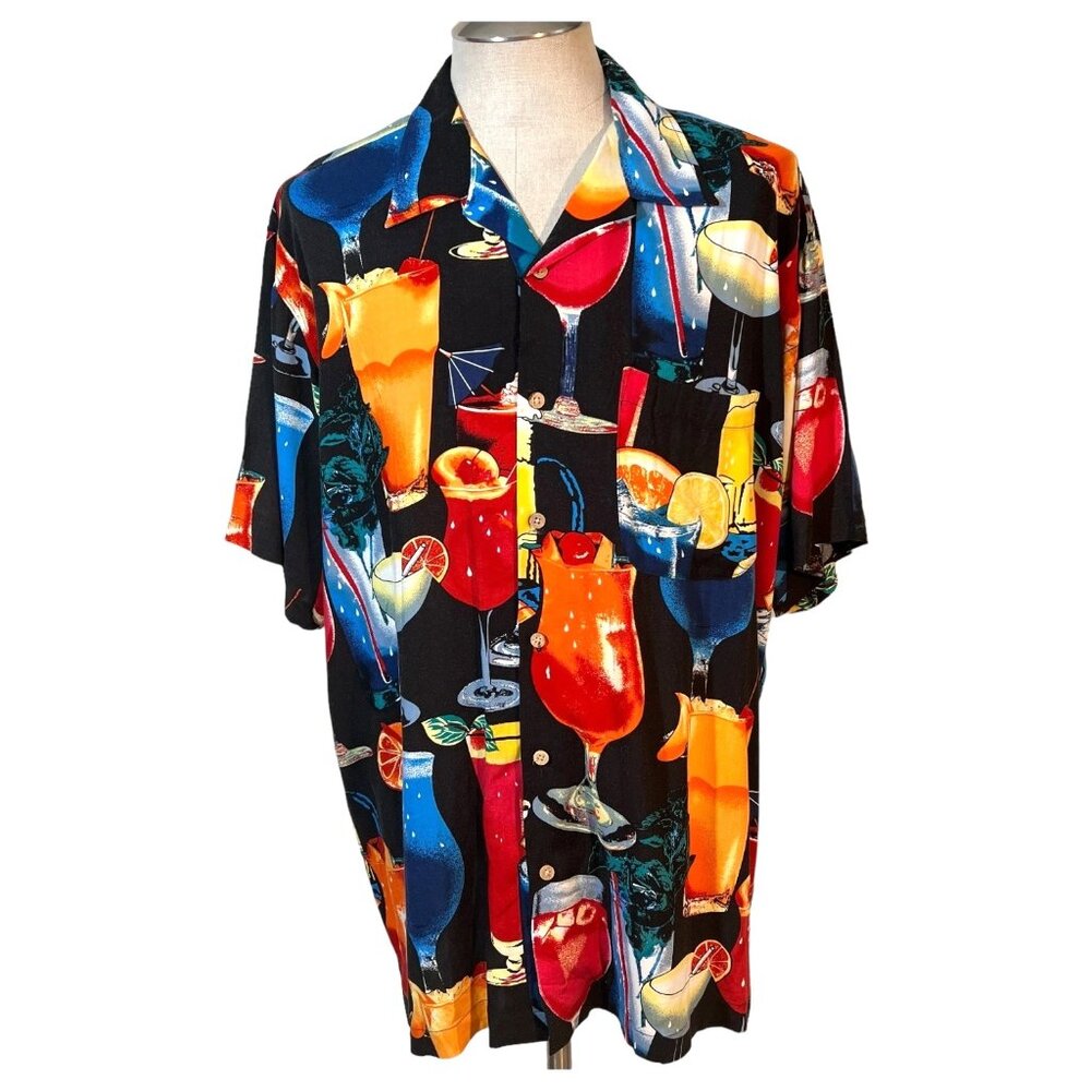 Mens Vintage Cherokee Waikiki Wear Cocktail Print Hawaiian Shirt Size XL Rayon